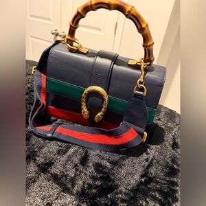 Gucci Navy and Red Shoulder Bag with Bamboo Handle